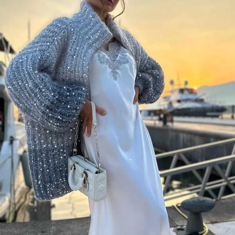 Knitted sweater jacket with solid sequins